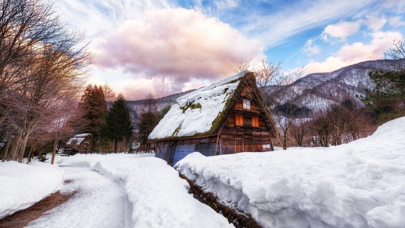 Thatched Roof House — White, Serene, Winter, Photograph, Snow