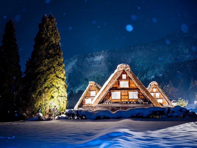Thatched-roof Houses — Blue, Serene, Night, Photograph, Snow, Trees, Mountain