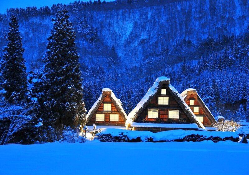 Thatched-roof Houses — Blue, Serene, Night, Photograph, Snow, Trees, Mountain, White