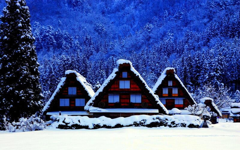 Thatched-roof Houses — Blue, Serene