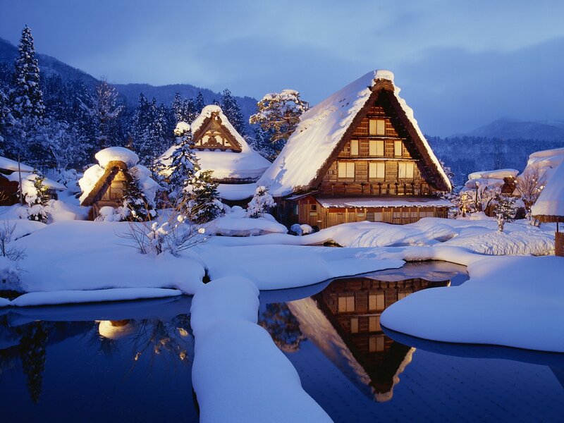 Thatched-roof Houses — Blue, Serene, Winter, Photograph, Snow, River