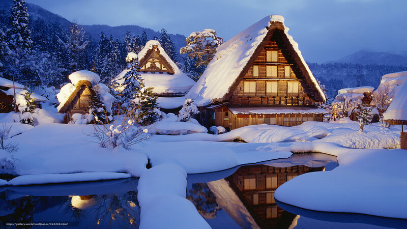Thatched-roof Houses — Blue, Serene, Winter, Photograph