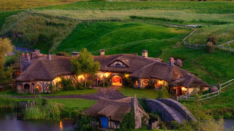 Thatched-roof Houses — Green, Serene, Sunset, Photograph
