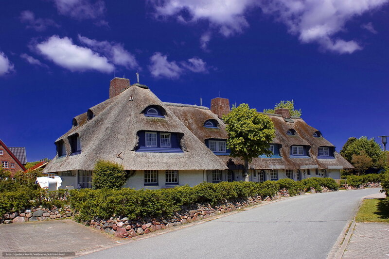 Thatched-roof houses under blue sky