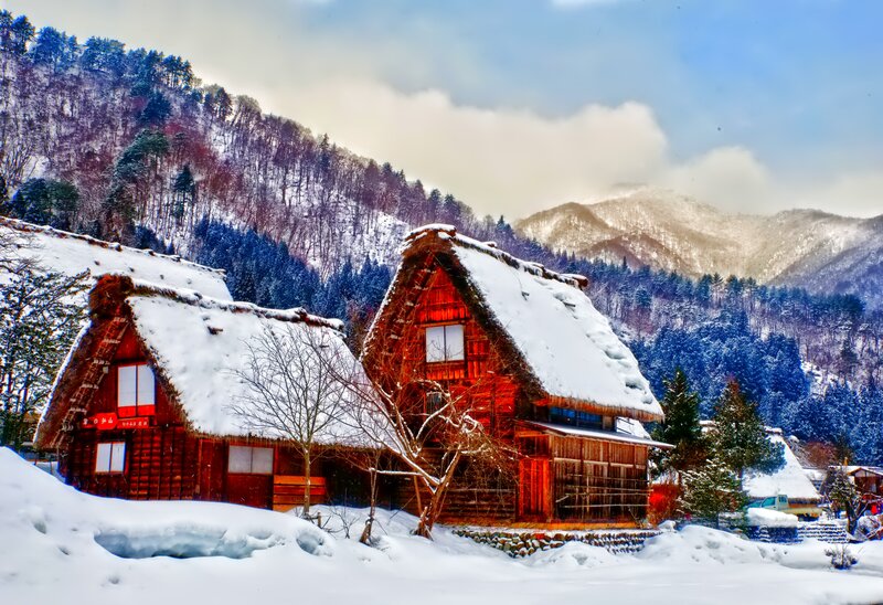 Thatched-roof Houses — White, Serene, Winter, Photograph