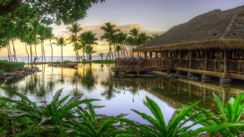 Thatched-roof Hut at Sunset — Green, Serene