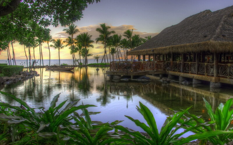 Thatched-roof Hut at Sunset — Green