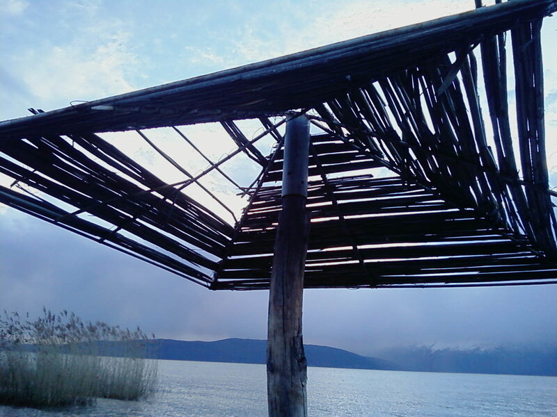 Thatched roof over lake