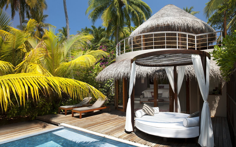 Thatched-roof Villa — Blue, Serene, Afternoon, Photograph, Palm Trees