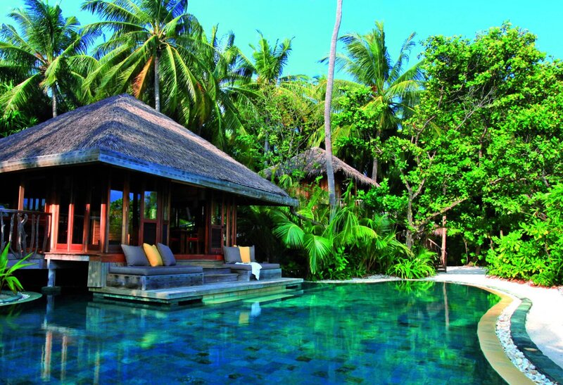 Thatched-roof Villa — Blue, Serene, Afternoon, Photograph, Pool, Palm Trees