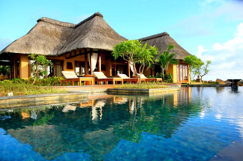 Thatched-roof Villa — Blue, Serene, Afternoon, Photograph, Pool