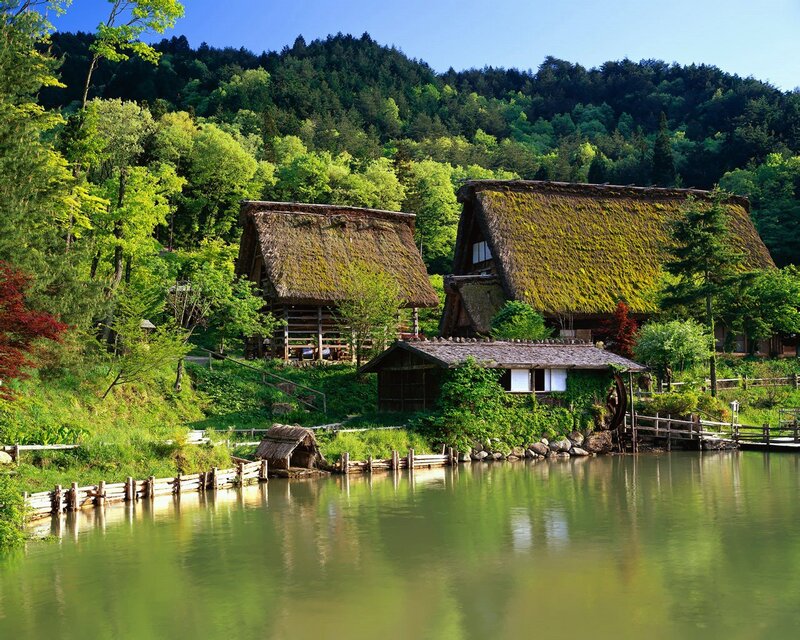 Thatched-roof village by a pond