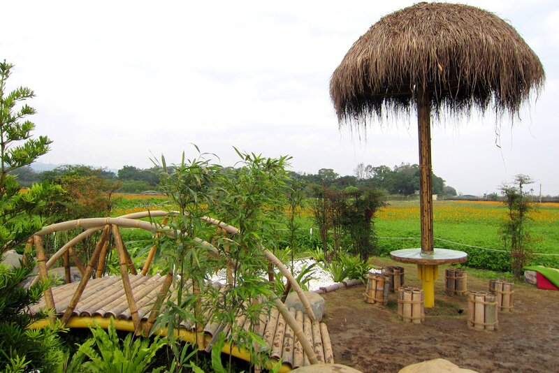 Thatched Umbrella and Bamboo Bridge