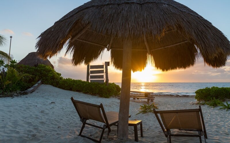 Thatched Umbrella on Beach — Beige