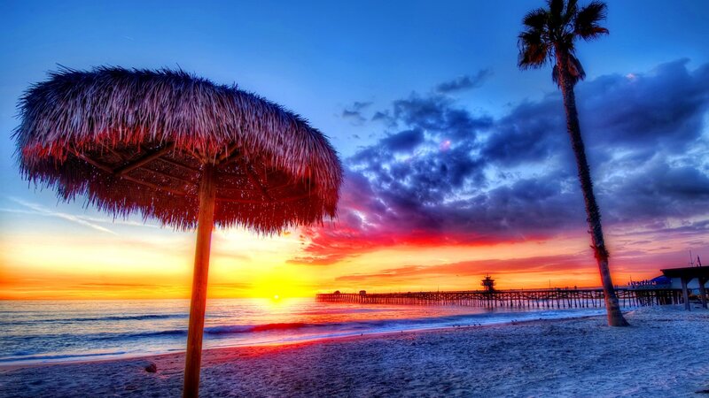 Thatched Umbrella on Beach — Blue, Dramatic, Sunset, Photograph