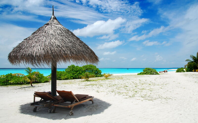 Thatched Umbrella on Beach — Blue, Serene, Afternoon, Photograph, Lounge Chairs, Ocean