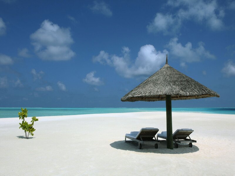 Thatched Umbrella on Beach — Blue, Serene, Afternoon, Photograph, Lounge Chairs, Tree