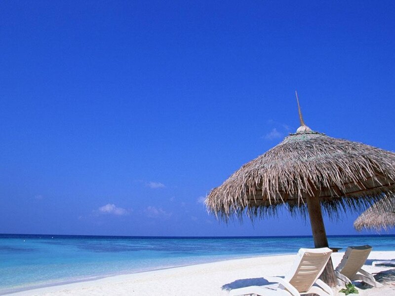 Thatched Umbrella on Beach — Blue, Serene, Afternoon