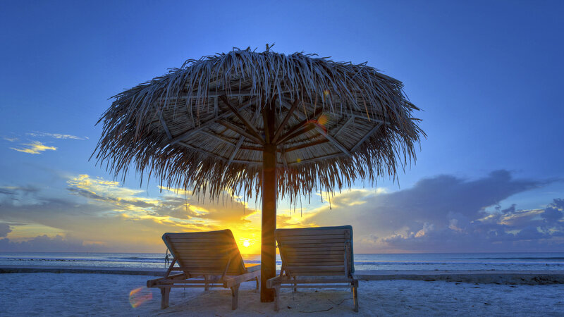 Thatched Umbrella on Beach — Blue, Serene, Sunrise
