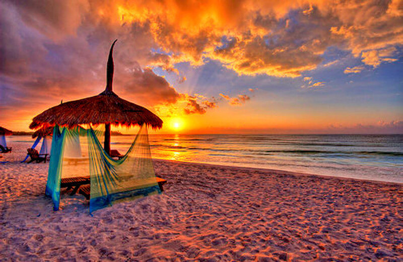 Thatched Umbrella on Beach — Orange, Dramatic