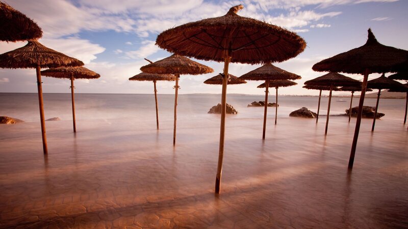 Thatched umbrellas on a beach