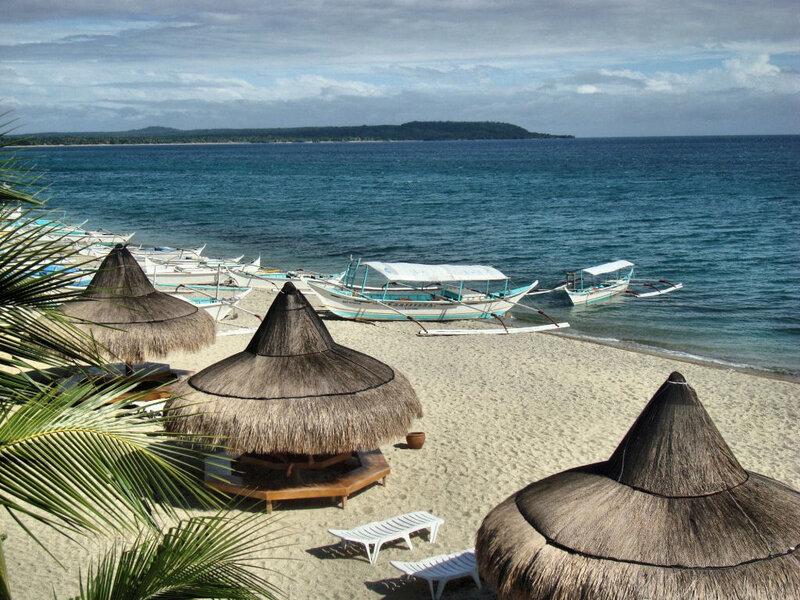 Thatched Umbrellas on Beach — Blue, Serene, Afternoon, Photograph, Boats