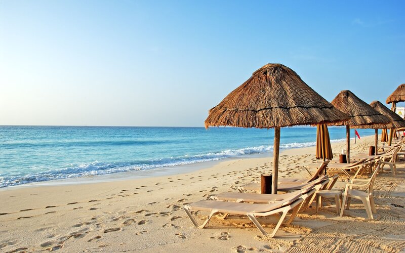 Thatched Umbrellas on Beach — Blue, Serene, Afternoon, Photograph, Chairs, Ocean