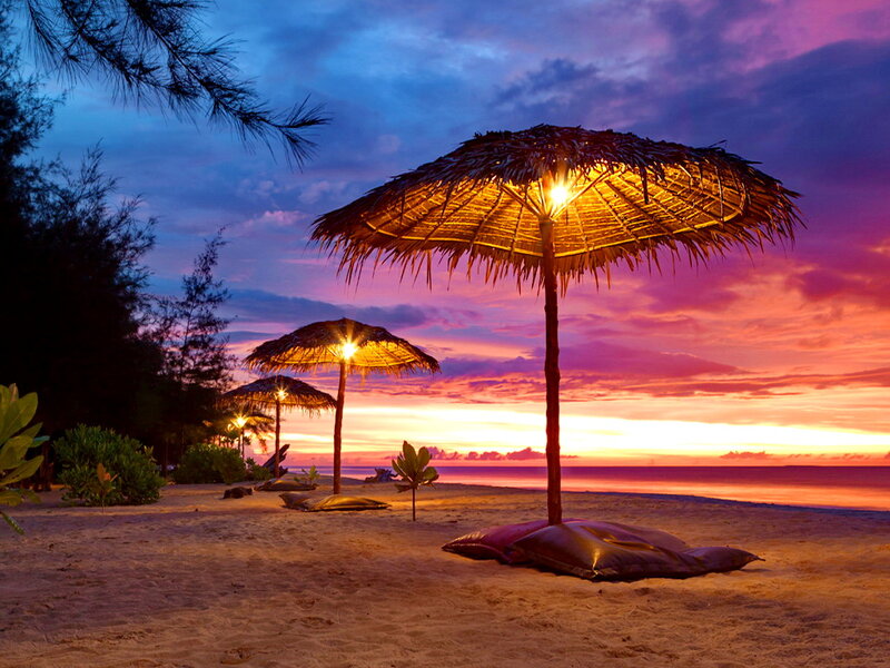 Thatched Umbrellas on Beach — Purple