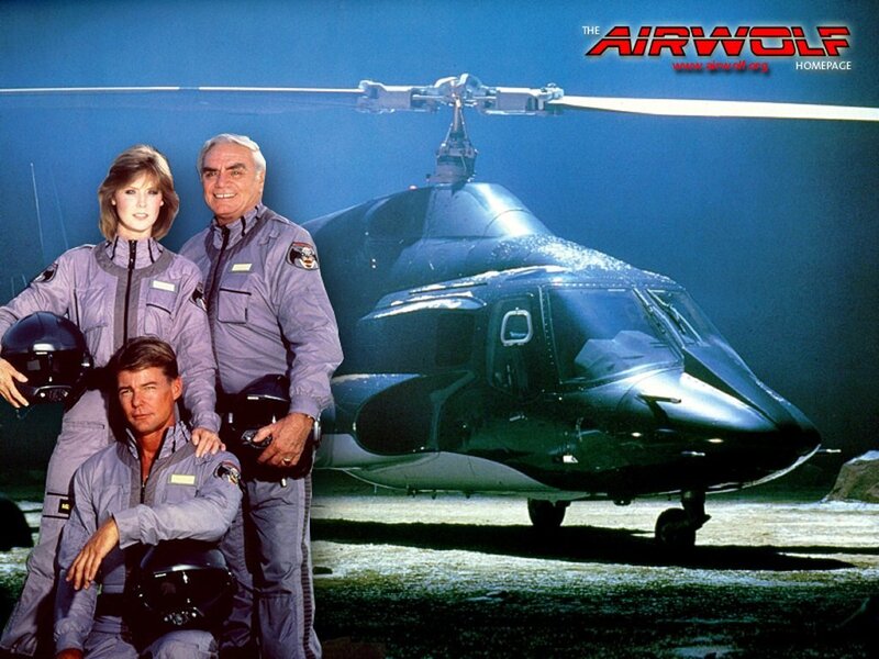 The Airwolf cast with helicopter