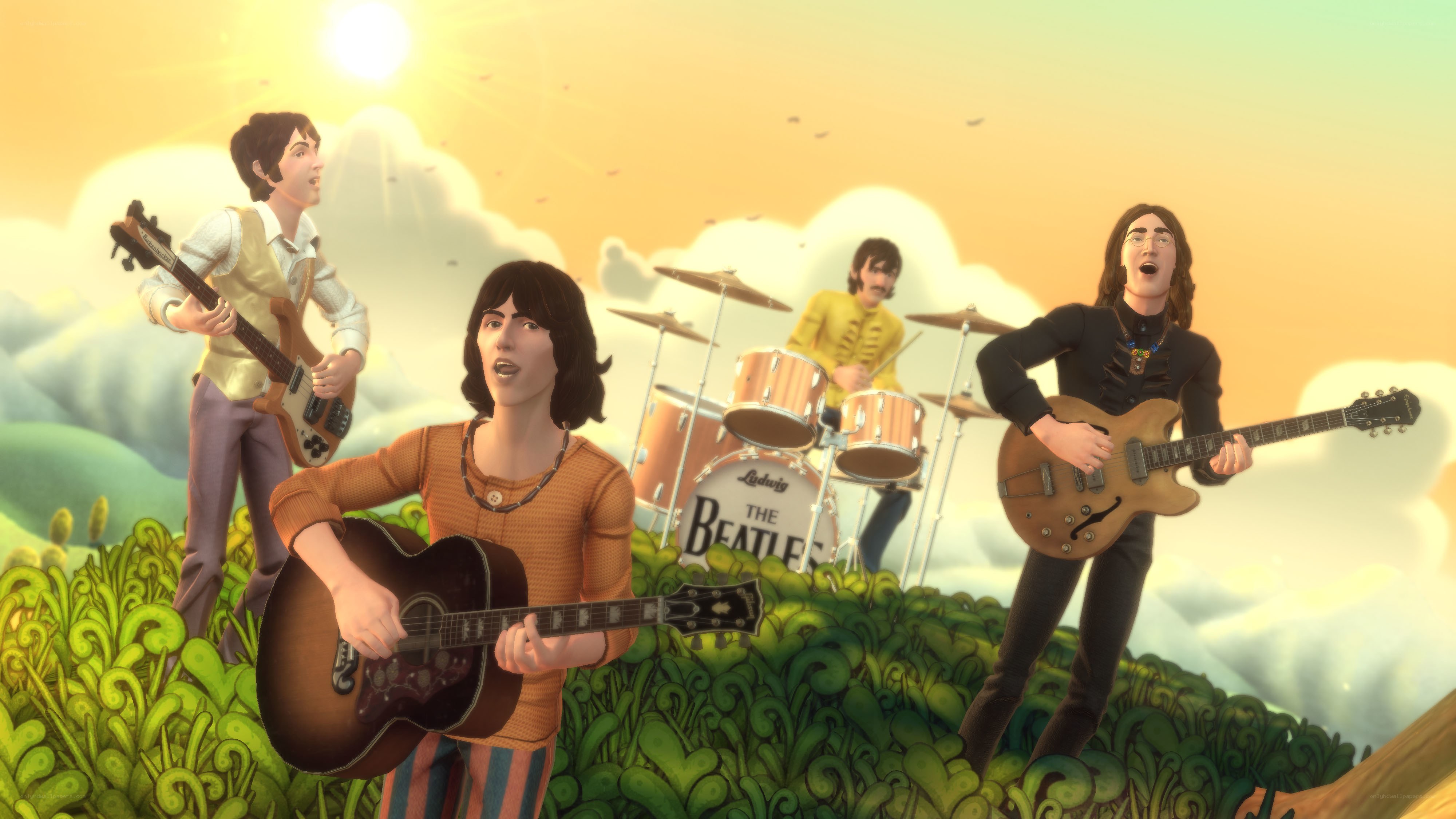 The Beatles in a dreamy landscape