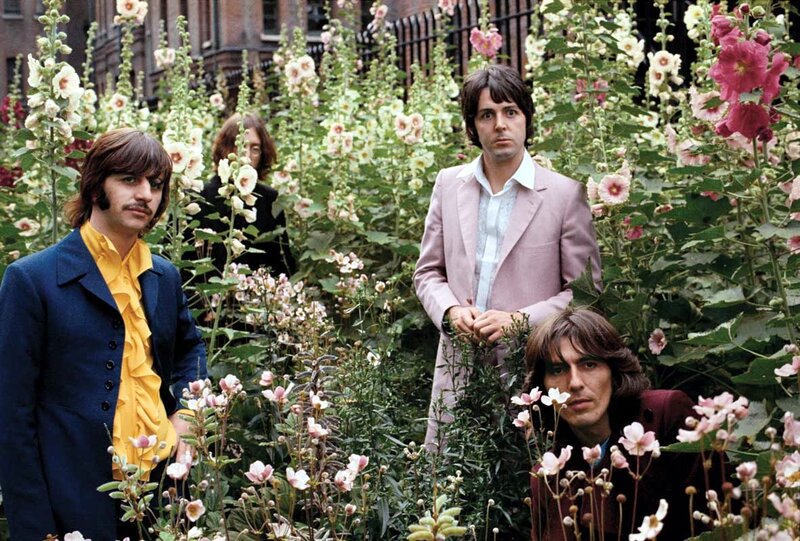 The Beatles in a flower garden