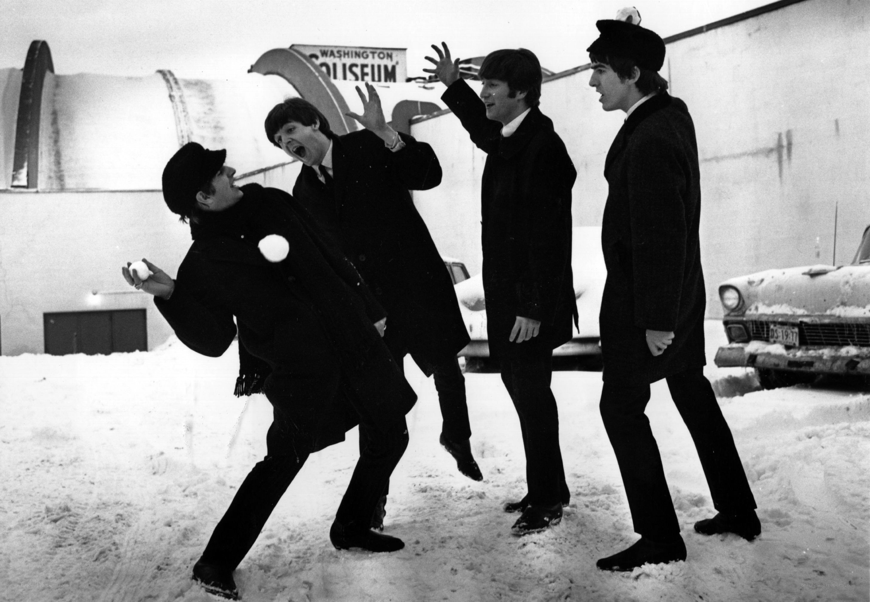 The Beatles in a snowball fight