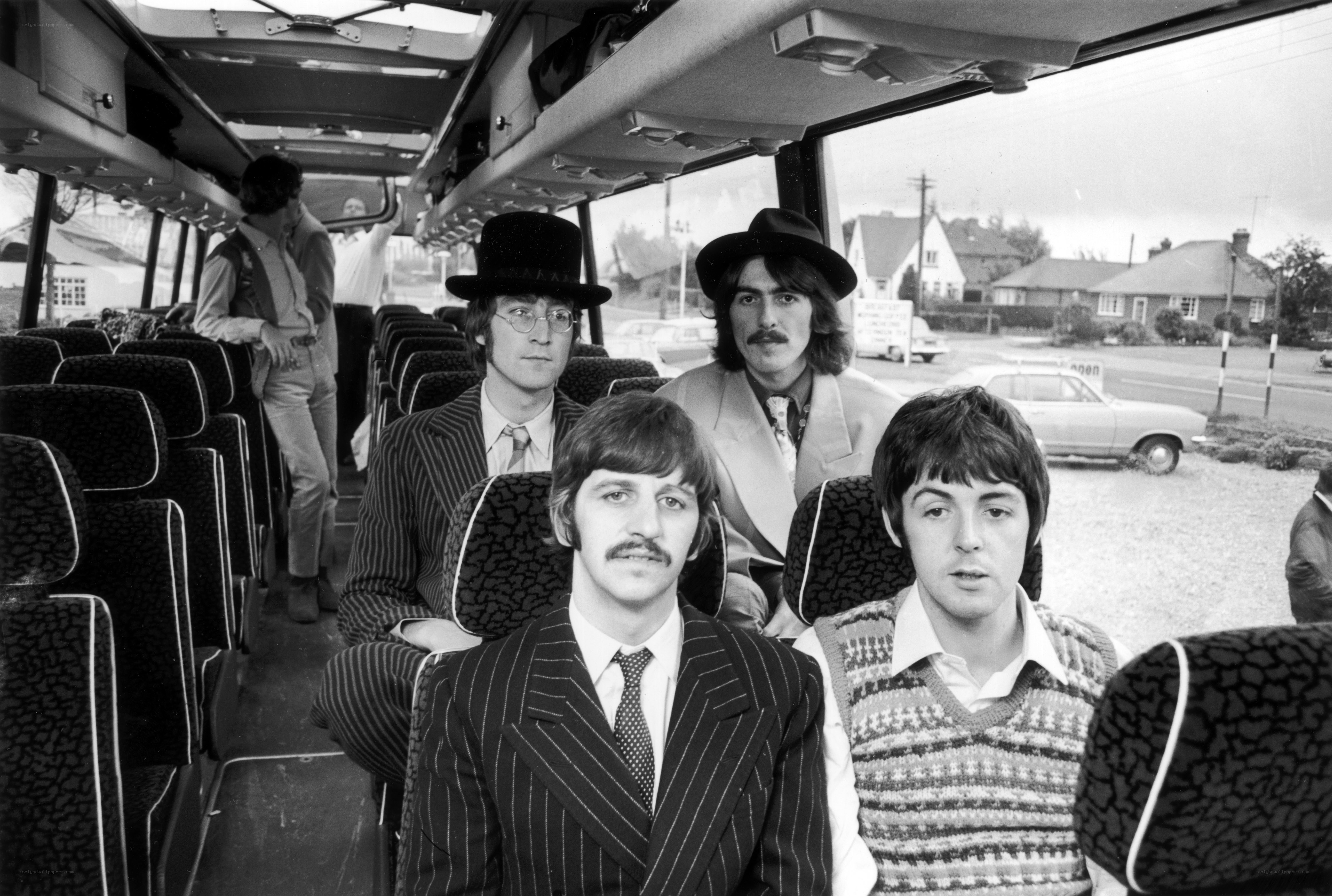 The Beatles on a bus