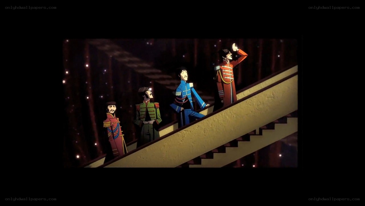 The Beatles on a staircase