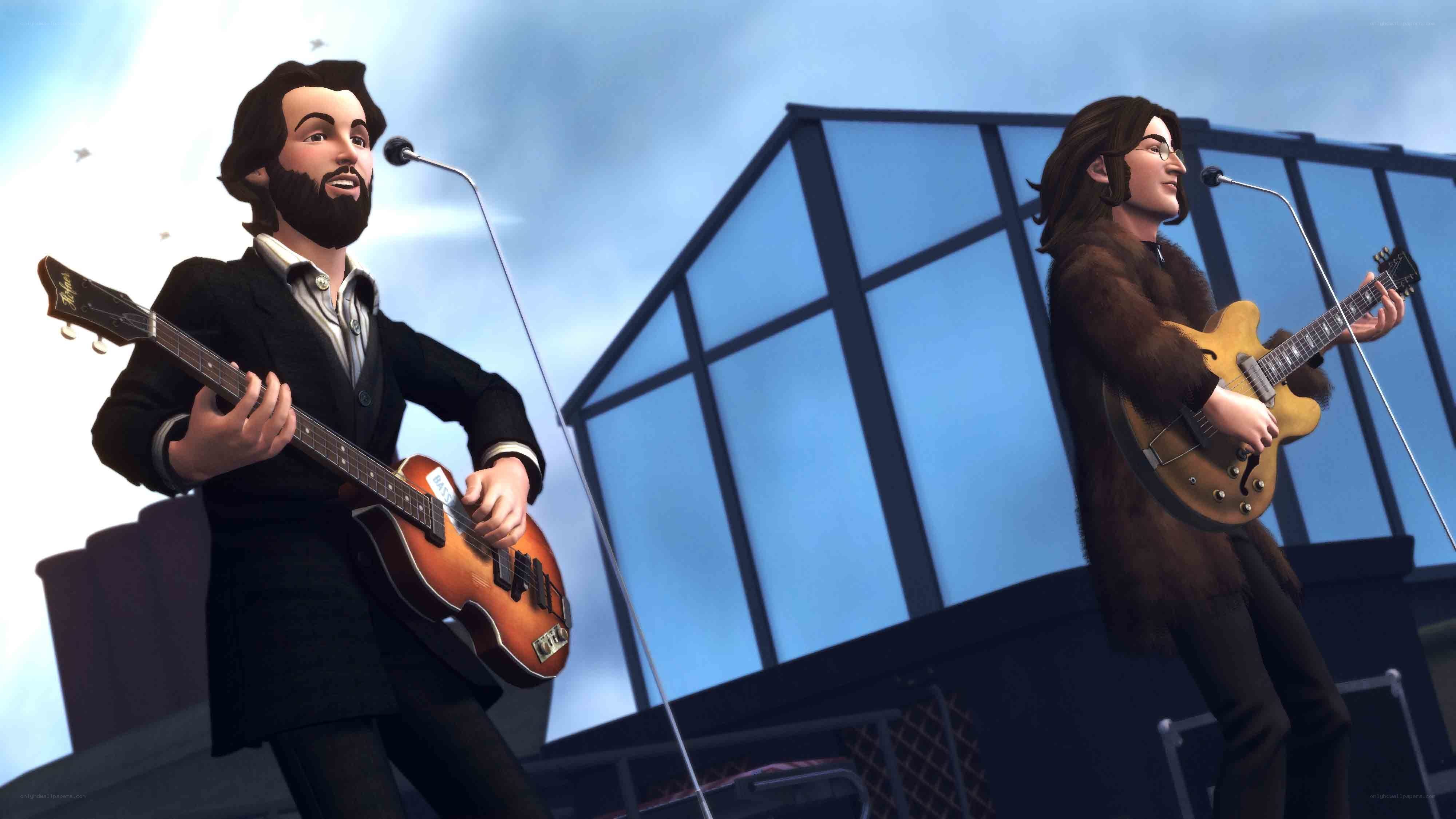 The Beatles performing on stage