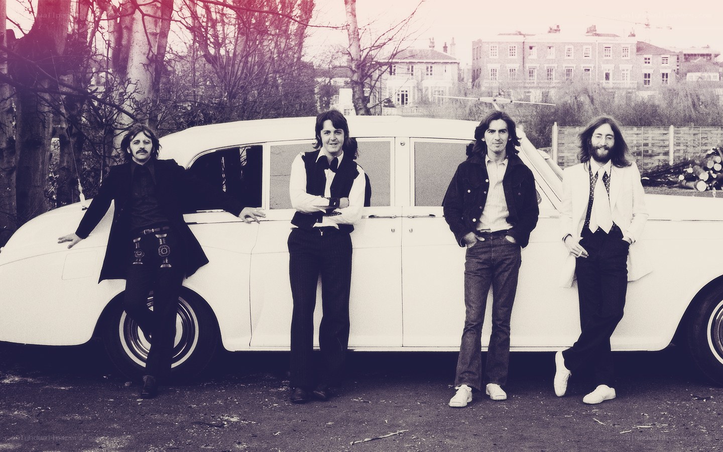 The Beatles with a white car