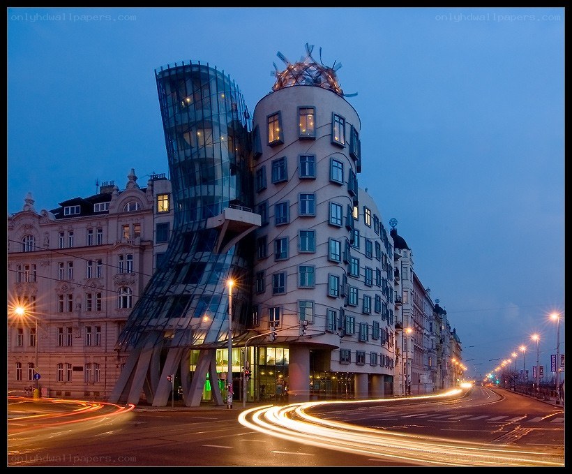 The Dancing House at dusk