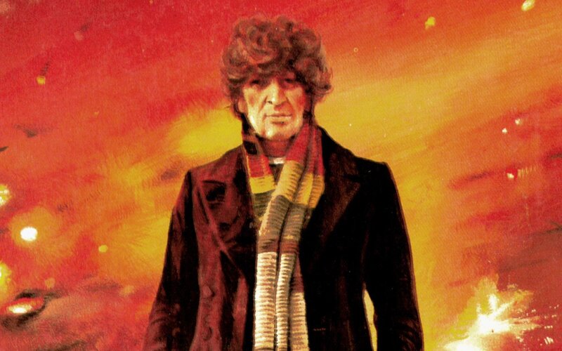 The Doctor stands against a fiery backdrop