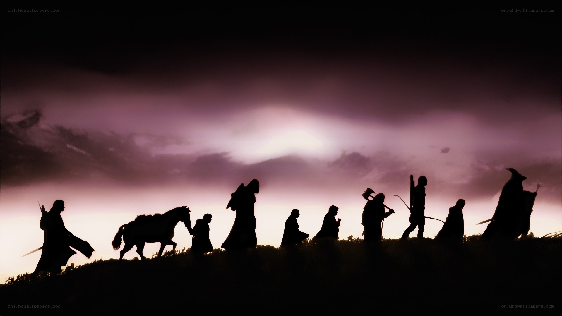 The Fellowship silhouetted at dusk