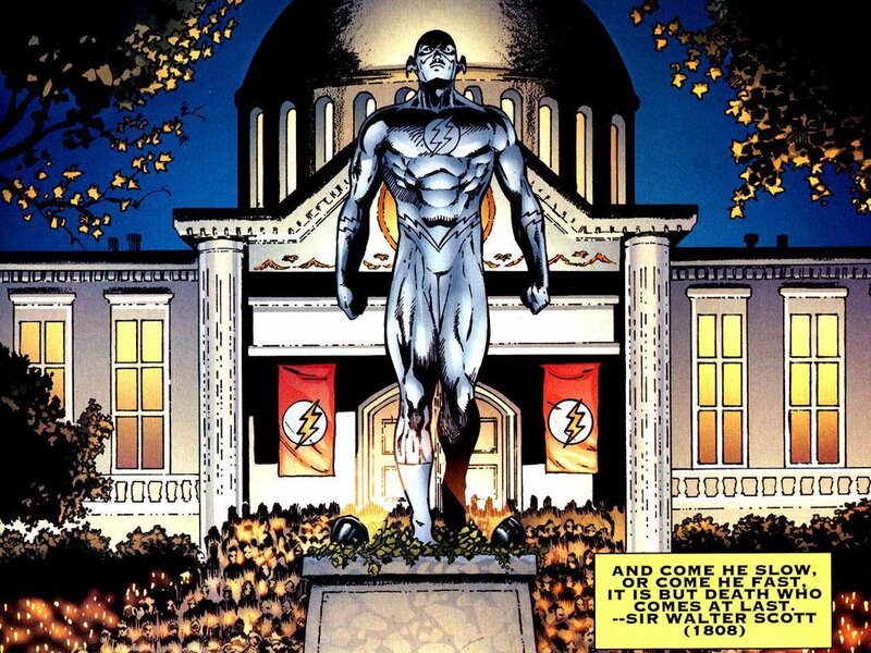 The Flash statue at night