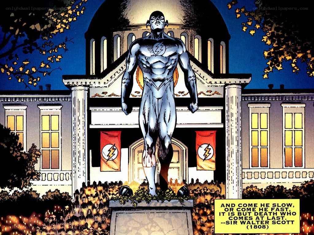 The Flash statue at night