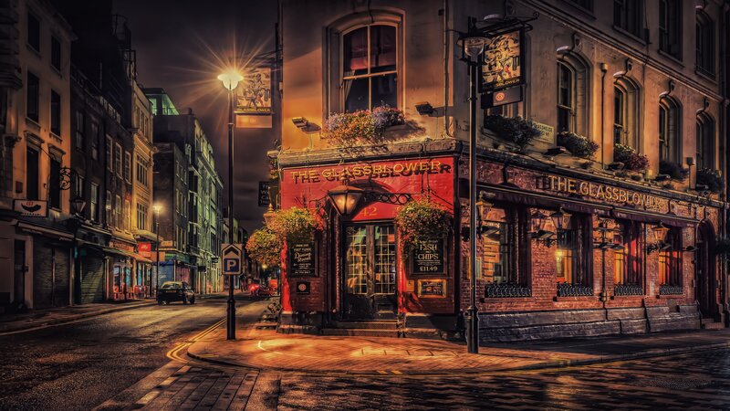 The Glassblower Pub — Red, Dramatic, Night