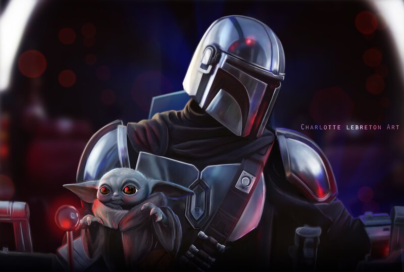 The Mandalorian Holding Grogu