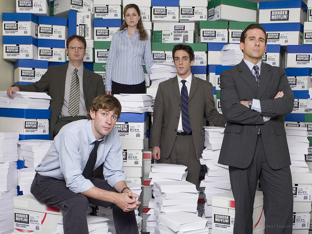 The Office cast with paper boxes