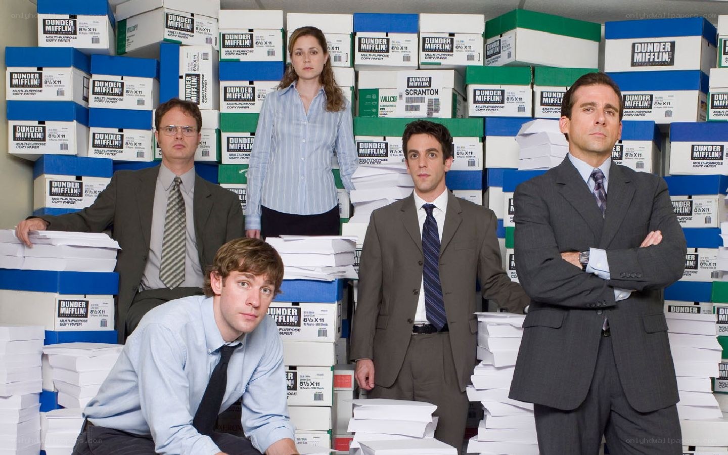 The Office cast with paper boxes