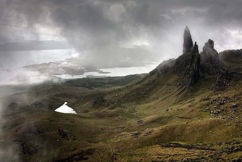 The Old Man of Storr — Green, Dramatic, Photograph, Mountain, Lake, Clouds, Gray, White
