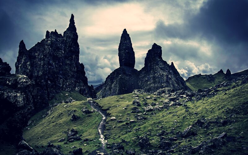 The Old Man of Storr — Green, Dramatic, Photograph, Mountain, Path, Sky, Gray, Black