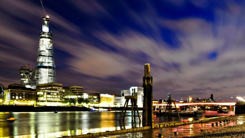 The Shard Skyscraper — Blue, Dramatic, Night, Photograph, River