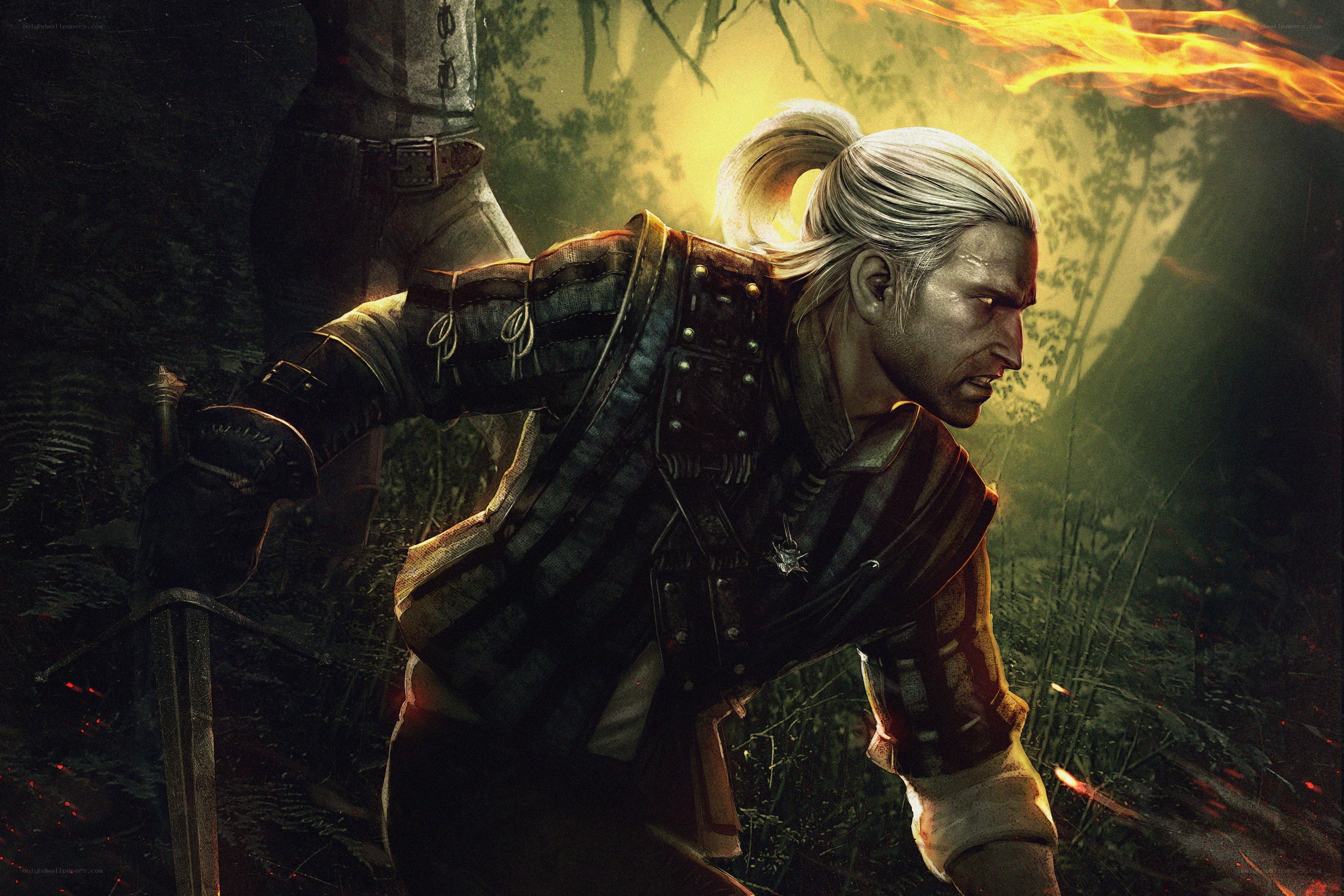 The Witcher in a fiery forest