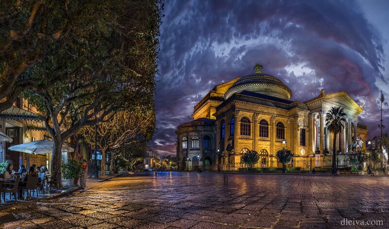 Theatrical Building at Dusk